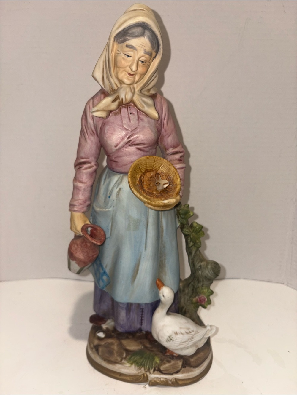 Homco Hand-Painted Ceramic Woman with Goose in Pink, Blue, Cream